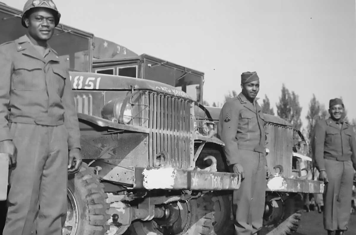 Shown here in May 1945, these black soldiers were attached to the 666th Quartermaster Truck Company that was part of the Red Ball Express. National Archives